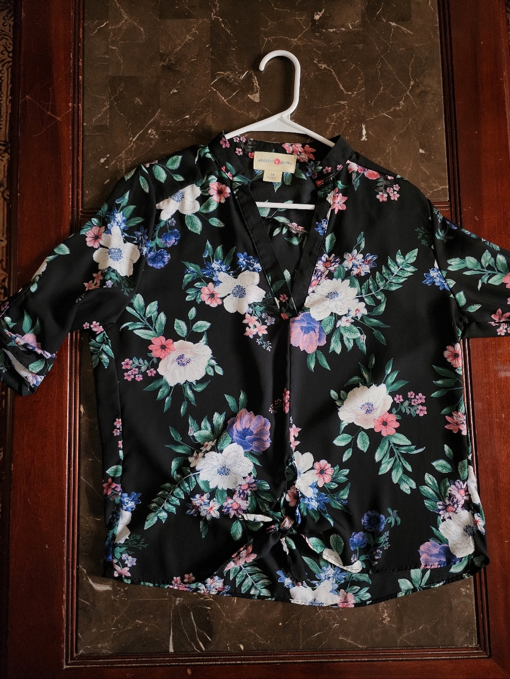 Womems Wishful Park Medium Black Floral V-Neck Blouse with Pink and Blue Blooms